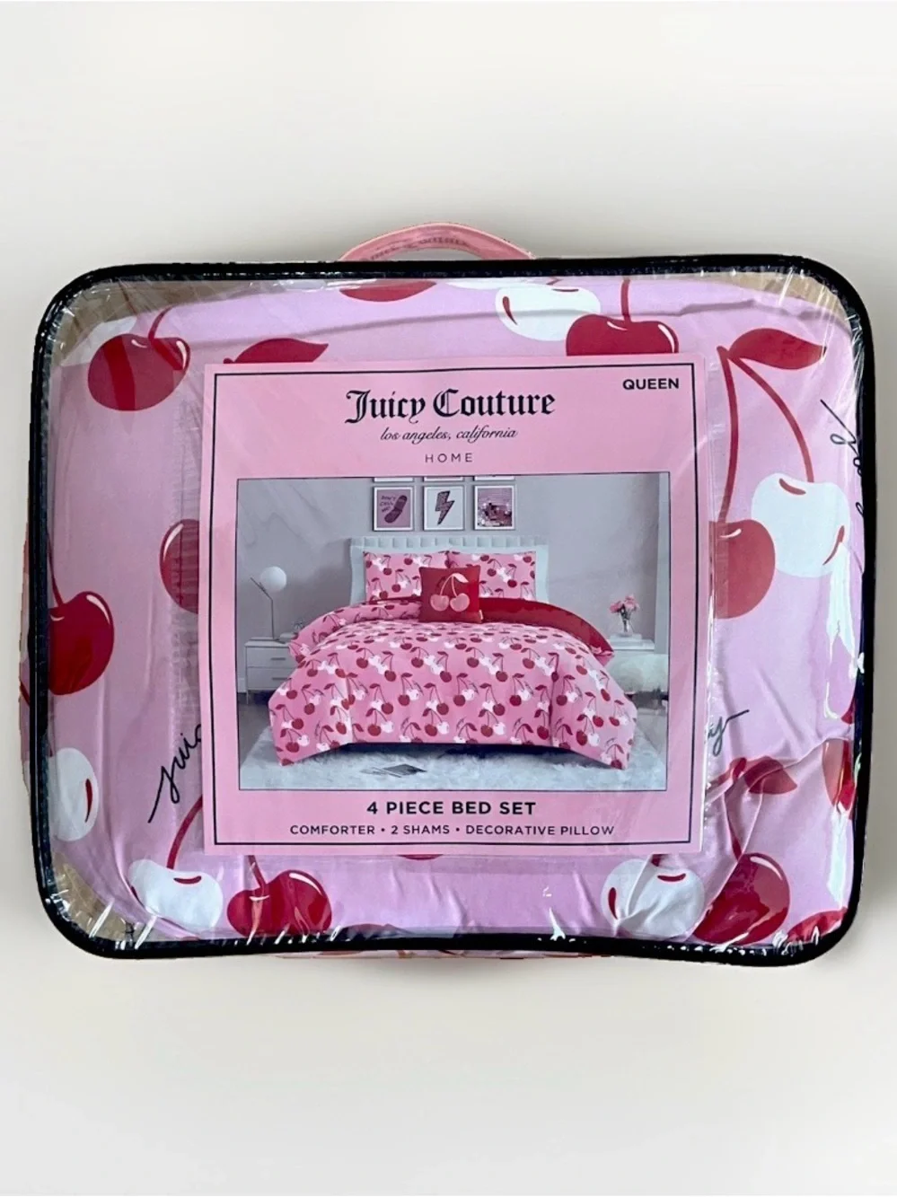 Juicy Couture Pink Queen 4pc Comforter Set,2 Shams,& Embroidered Cherry Pillow
